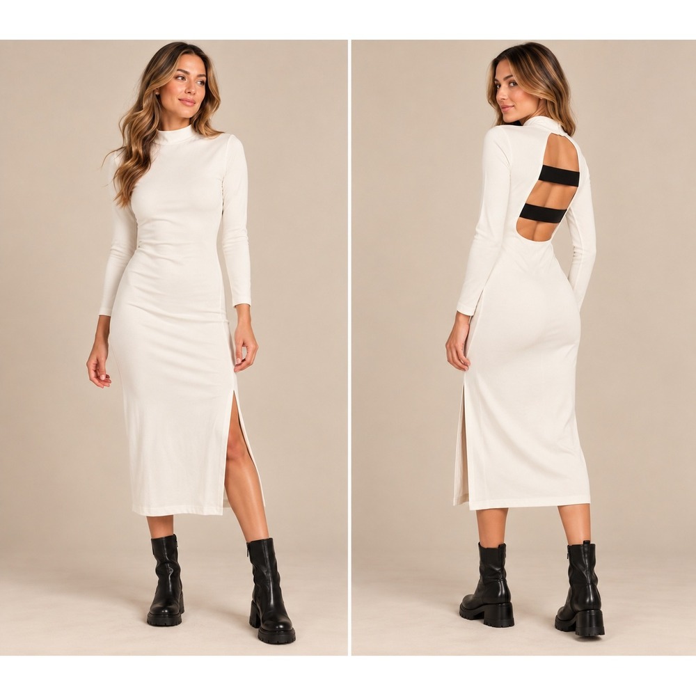 Alice + Olivia Inka Dress 4 White Open Back Mock Neck Long Sleeve Midi Slit